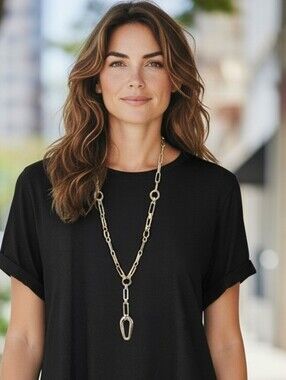 Chico's Gold Tone Lariat Style  Pendant Necklace With Paperclip Chainlinks